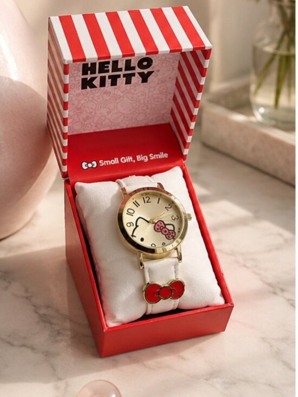 Hello Kitty Gold Face Watch White Strap Red Bow New In Box